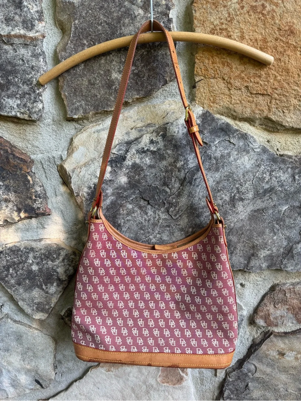 Dooney & Bourke Burgundy Logo Shoulder Hobo Bag with Tan Leather Trim Y2K